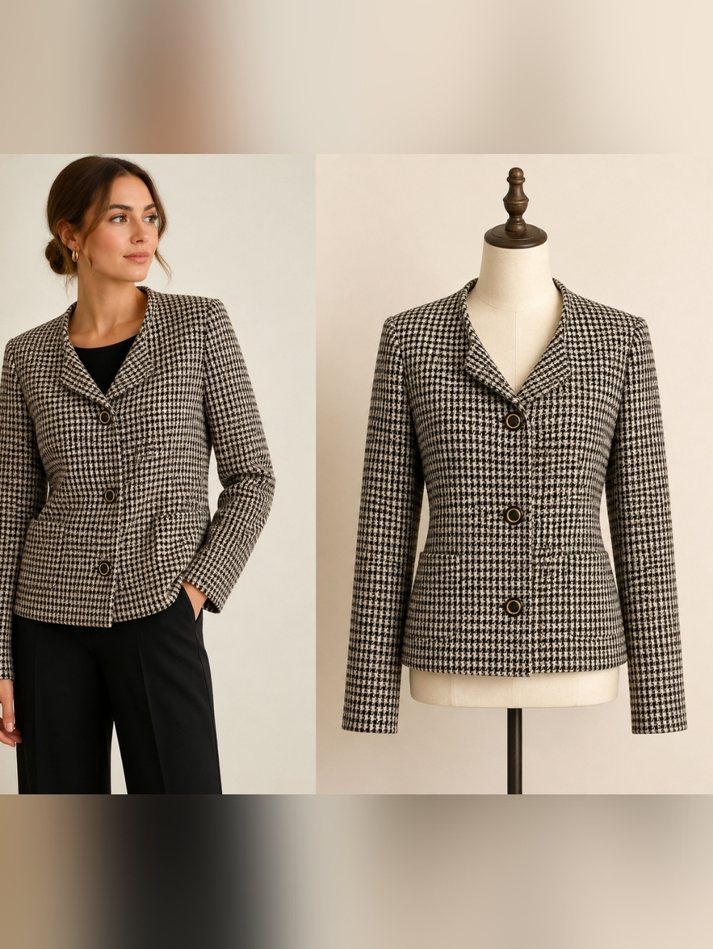 Vtg Adatto OY Finland Wool Blend Houndstooth Collarless 3 Button Blazer Jacket